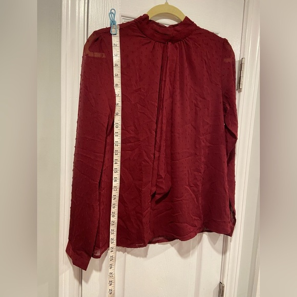NWT Aconiya Size S Burgundy Swiss Dot Chiffon Lined High Neck Bow Lined Top - Picture 9 of 11